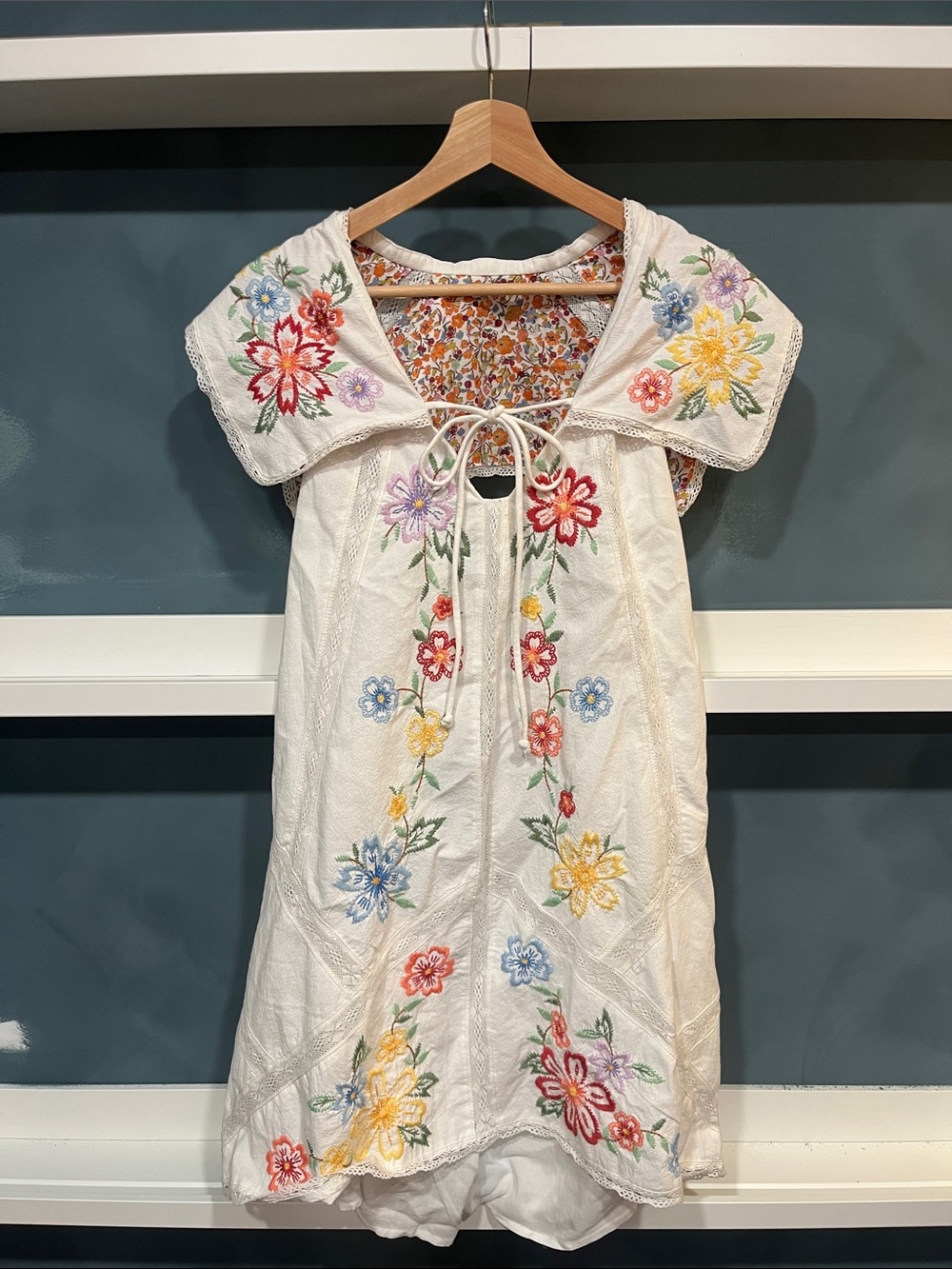 Free People White Mini Dress with Multicolor Floral Embroidery